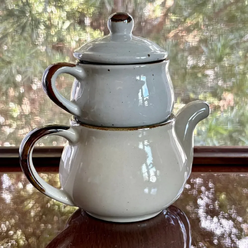 Vintage Tea for One Set, Mustache Man Stackable Teapot & Mug